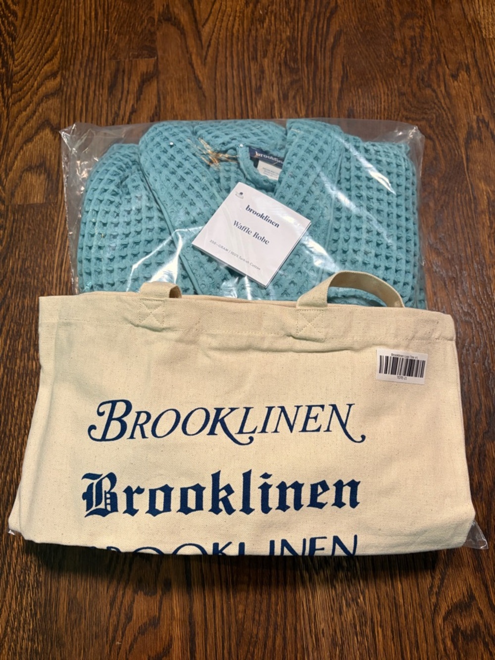 Brooklinen Dreamweave Waffle Robe Aqua Blue XS 100% Turkish Cotton + Tote Bag